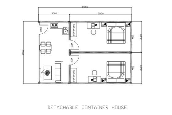 CAIXA Espaço Estrutura Modular de Aço Quadro Container Casa 3 Quartos Com Cozinha E Sala
